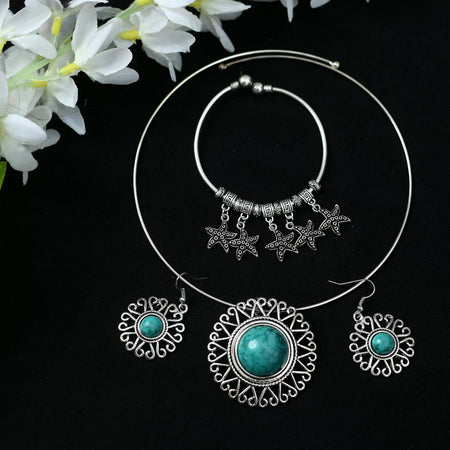 Mominos Fashion Johar Kamal Oxidised Silver-Plated Stone Work Necklace Handicraft