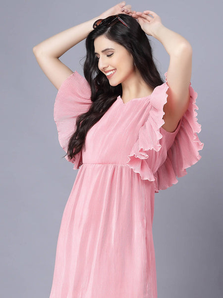Myshka Chiffon Solid Short Sleeve Round Pink Women Dress
