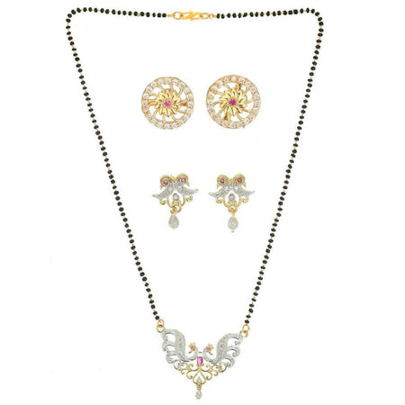 AanyaCentric Gold-Polished Mangalsutra with Pendant, 2 Pair Earrings