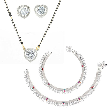 AanyaCentric Gold-Polished Mangalsutra Pendant Earring Set & Silver Plated Anklet