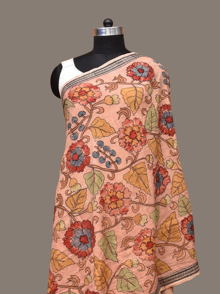 Peach Kalamkari Hand Painted Cotton Handloom Dupatta with Floral Design - Global Threads