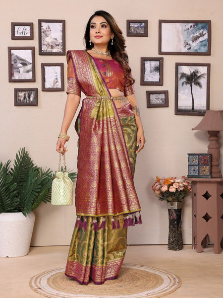 Anaita Green Tissue Silk With Jaal Weaving Saree With Blouse