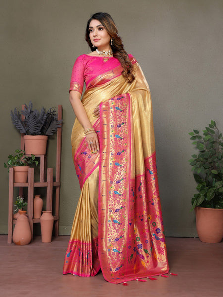 Anaita Dark Golden Tissue Silk With Paithani Woven Saree With Blouse