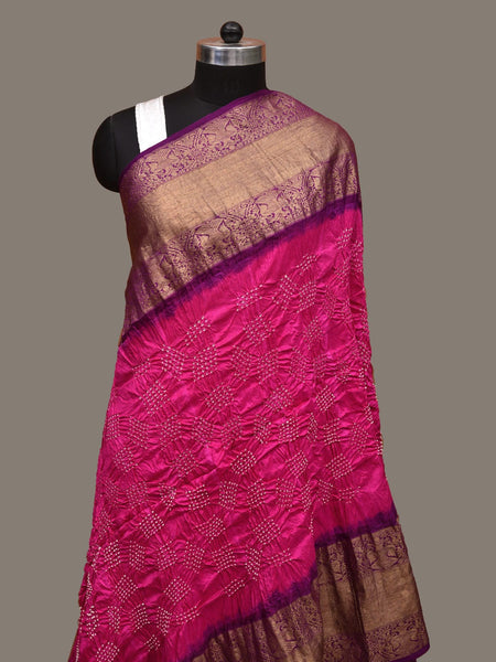 Pink and Purple Bandhani Kanchipuram Silk Handloom Dupatta with Border Design - Global Threads