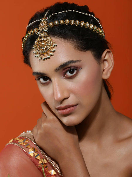 Women's Gold-Polished Kundan Mathapatti Head Jewellery - Ruby Raang