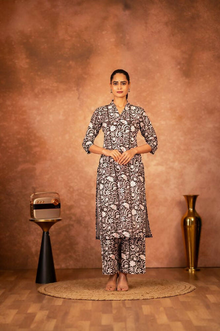 Joban Fashion Black Floral Hand Block Printed Cotton Kurta Pant Set