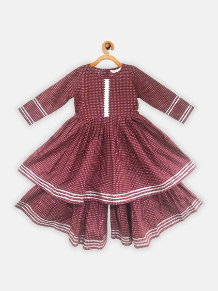 Ahalyaa Maroon Pure Cotton Digital Printed Kids Kurta Sharara Set For Girls