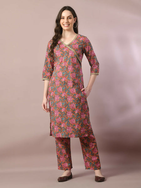 Myshka Women's Multi Printed Cotton Straight Party Kurta Set