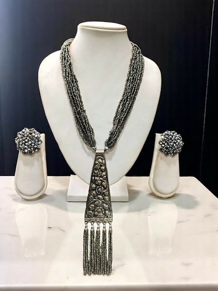 Inhanns Day-To-Dinner Tie Shaped Oxidized Black Metal Multi-Layered Long Necklace Set - Gray