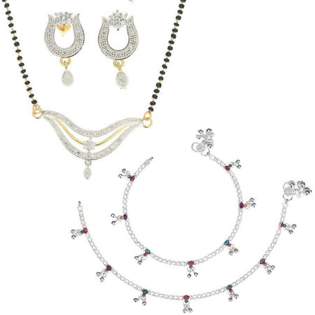 AanyaCentric Gold-Polished Mangalsutra Pendant Earring Set & Silver Plated Anklet