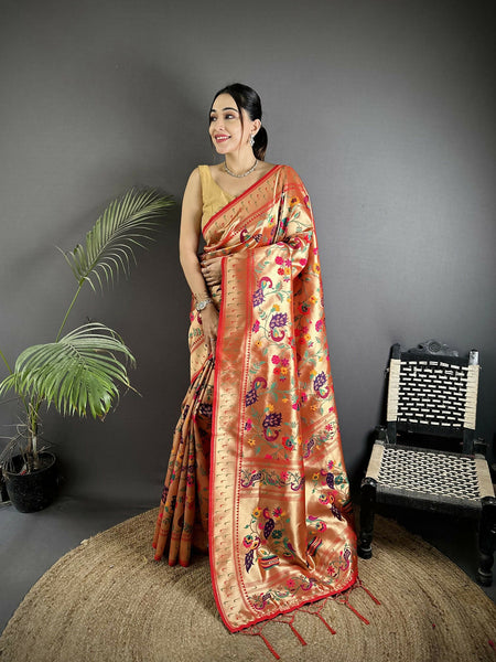 Joban Fashion Pastel Red Peacocks Flowers & Leaves Soft Silk Paithani Saree