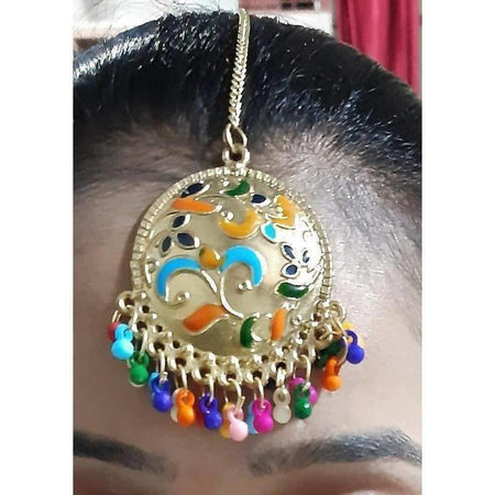 MS Fashion India Multicolor Pearls And Design Gold-Polished Maang Tikka