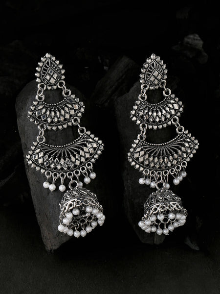 NVR Women Silver Toned Contemporary Jhumka Earrings