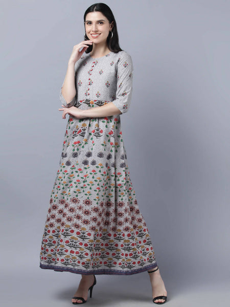 Myshka Women Grey Printed Ethnic Maxi Dress