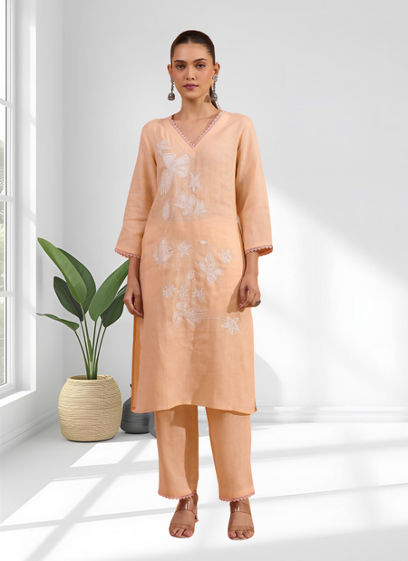 Joban Fashion Coral Linen Embroidered Readymade Long Kurta With Pant