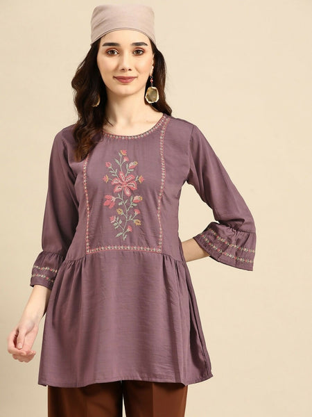 Women's Purple Viscose blend Embroidered Short Top - Marina