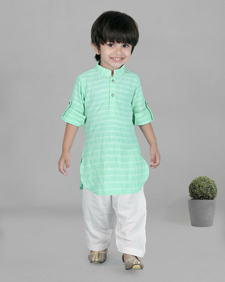 Joban Fashion Kids Island Cotton Full Sleeves Striped Kurta and Pyjama- Sea Green