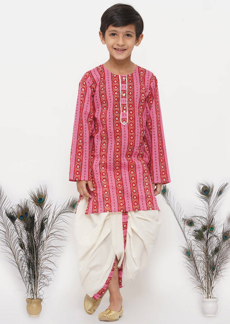 Little Bansi Boys Cotton Striped Kurta with Pearl Buttons & Dhoti -Pink & Cream