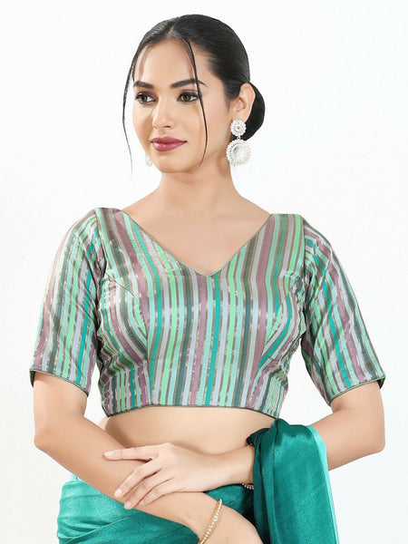 Joban Fashion Pista Multi Brocade Padded Blouse With V Neck Elbow Sleeves
