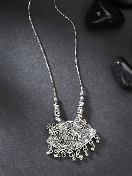 NVR Women's Silver-Toned Radha Krishna Pendant with Chain