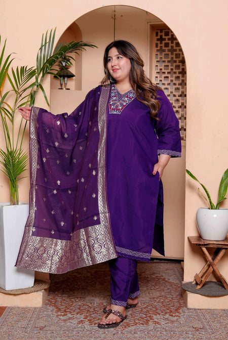 Miravan Women's Plus Size Purple Muslin Straight kurta and palazzo with dupatta Suit set