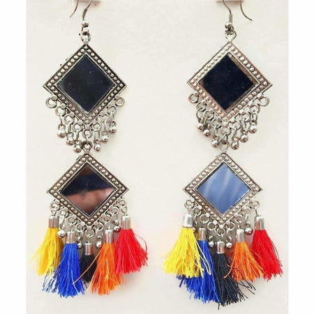 MS Fashion India Long Double Mirror Silver Oxidized Party Wear Earrings For Women And Girls