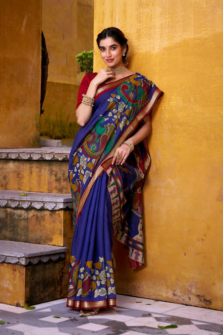 Vastranavya Blue Viscose Chanderi Kalamkari Print with Zari Working Saree & Unstitched Blouse