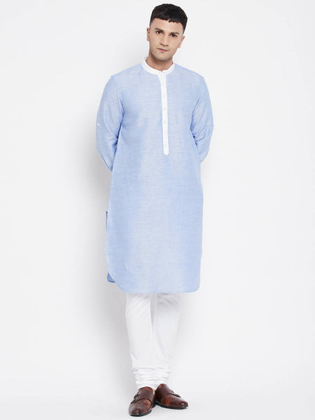Even Apparels Blue Color Pure Cotton Men's Kurta With Contrast Collar And Placket