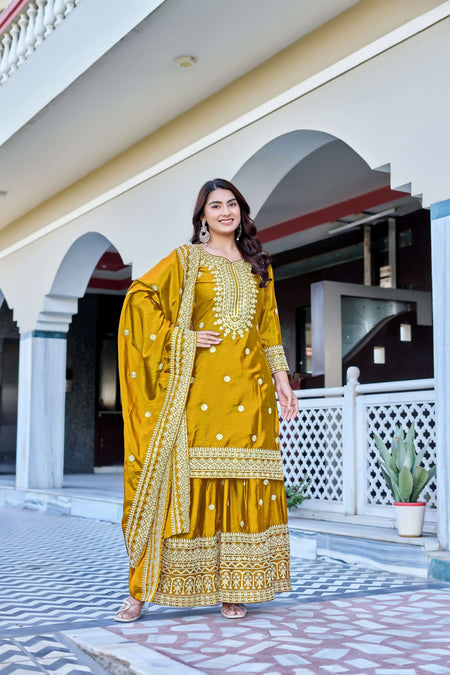 Teeya Creation Yellow Color Chinon Silk Heavy Embroidery Work Wedding Wear Sharara