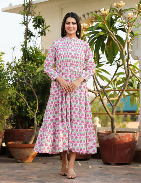Kaajh Women's Pink Floral Print Cotton Handblock Dress