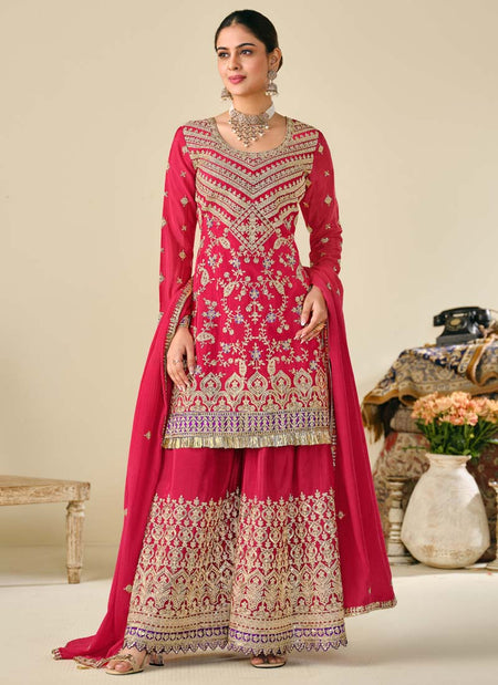 Vegaa Fashion Red Premium Chinon Embroidered Palazzo Suit