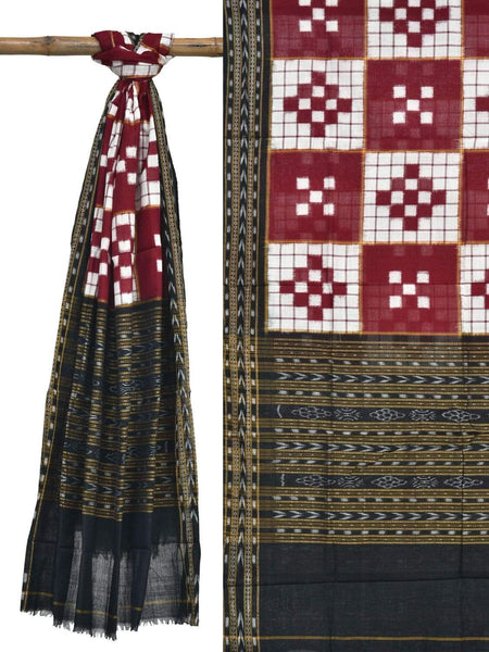 Red and Black Pochampally Ikat Cotton Handloom Dupatta with Checks Design - Global Threads