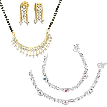 AanyaCentric Gold-Polished Mangalsutra Pendant Earring Set & Silver Plated Anklet
