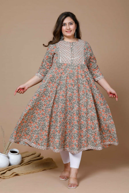 Miravan Women's Plus Size Camel Brown Gotta Patti Pure Cotton Anarkali Kurta