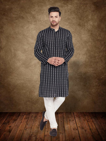 Even Apparels Men's Pure Cotton Black Check Kurta