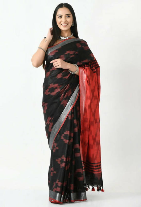 Mominos Fashion Moeza Black & Red Bhagalpuri Handloom Ikat Pure Cotton Saree with unstitched Blouse piece