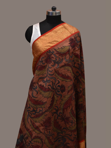 Rust Kalamkari Hand Painted Kanchipuram Silk Handloom Dupatta with Floral and Peacocks Design - Global Threads