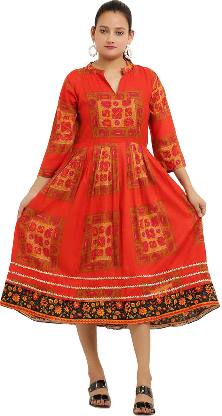 PAVONINE Jaipuri Block Print Red Color Dress For Girls & Women