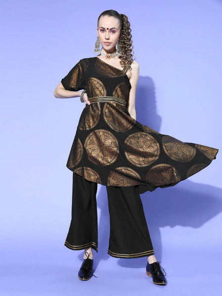 Ahalyaa Women Black Colour Crepe Printed Top Palazzo Set