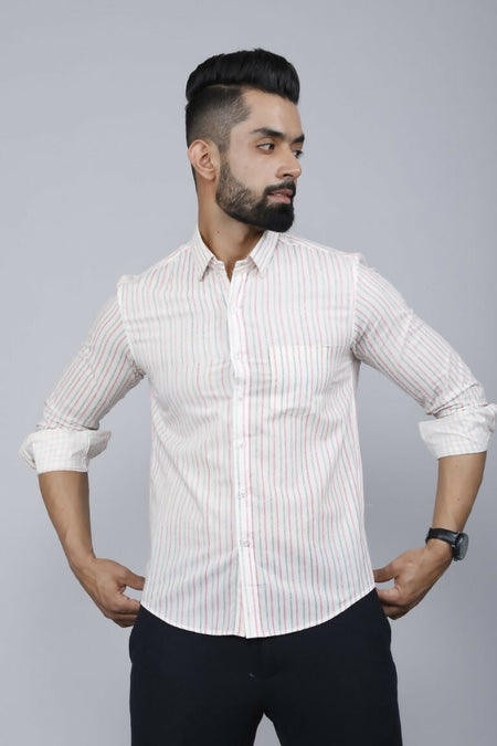 Miravan Men's White Spread Collar Striped Print Casual Shirt