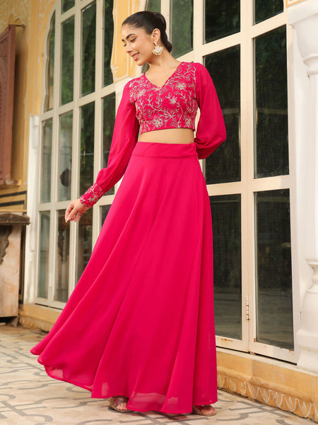 Janasya Pink Georgette Embroidered Top & Skirt