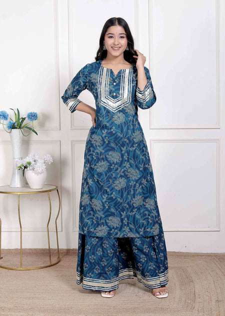 Miravan Women's Cotton Floral Printed V-Neck Kurta with Flared Palazzo