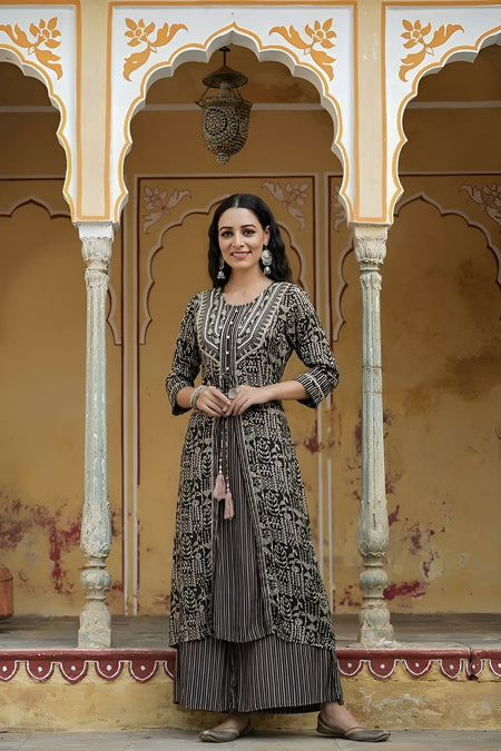 Juniper Women`s Black Rayon Staple Embroidered & Printed A-Line Kurta Sets