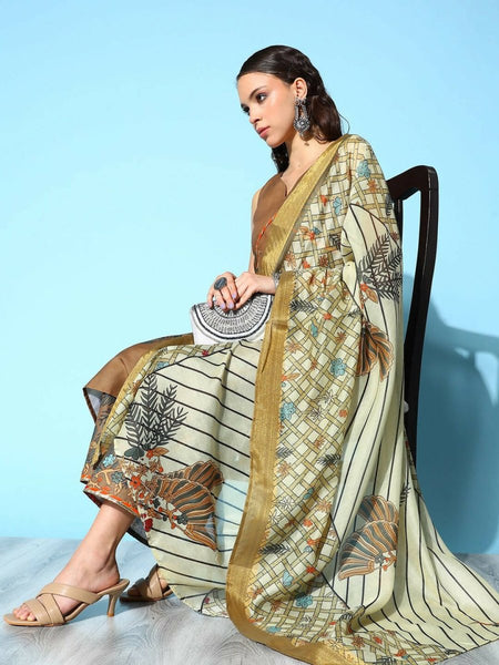 Ahalyaa Women's Brown Colour Cotton Blend Digital Printed Kurta Palazzo Set With Dupatta