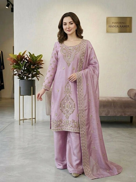 Teeya Creation Onion Color Gimmychu Silk Embroidery Work Wedding Wear Salwar Suit