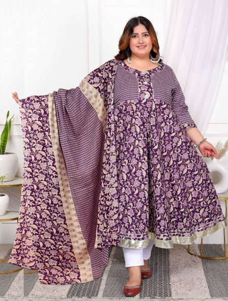 Miravan Women's Plus Size Purple cotton Floral Gota Lace Work Anarkali Kurta And Dupatta