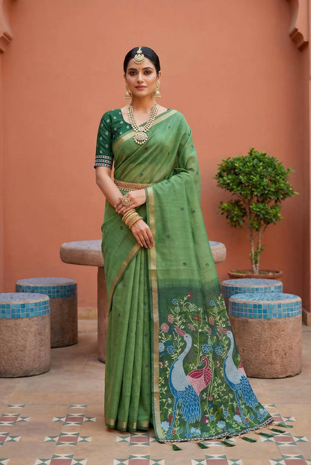 Vastranavya Pista Muga Cotton Meenakari & Azarakh Pallu Saree with Contrast Blouse
