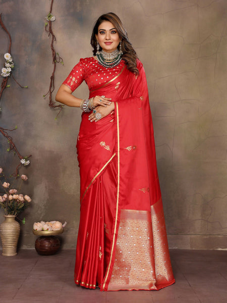 Joban Fashion Red Floral & Botanical Motifs Satin Silk Banarasi Silk Saree