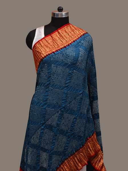 Teal and Red Bandhani Kanchipuram Silk Handloom Dupatta with Border Design - Global Threads
