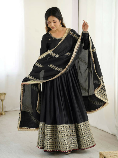 The52 Women's Gorgeous Chinon Silk Fabric Embroidery Work Flared Anarkali Pant and Dupatta Set